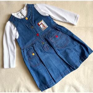 Vintage 90s Piano Kids Fashion Jumper Dress & Shirt Set Girls 6 Denim Farm Patch